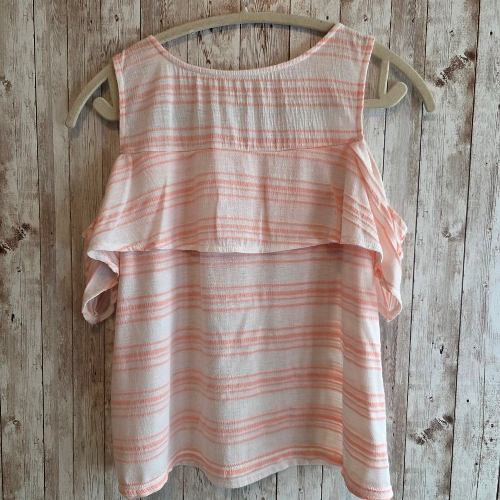 Women's Soho White Pink Striped Cold Shoulder Short Sleeve Tee XS - Picture 7 of 7